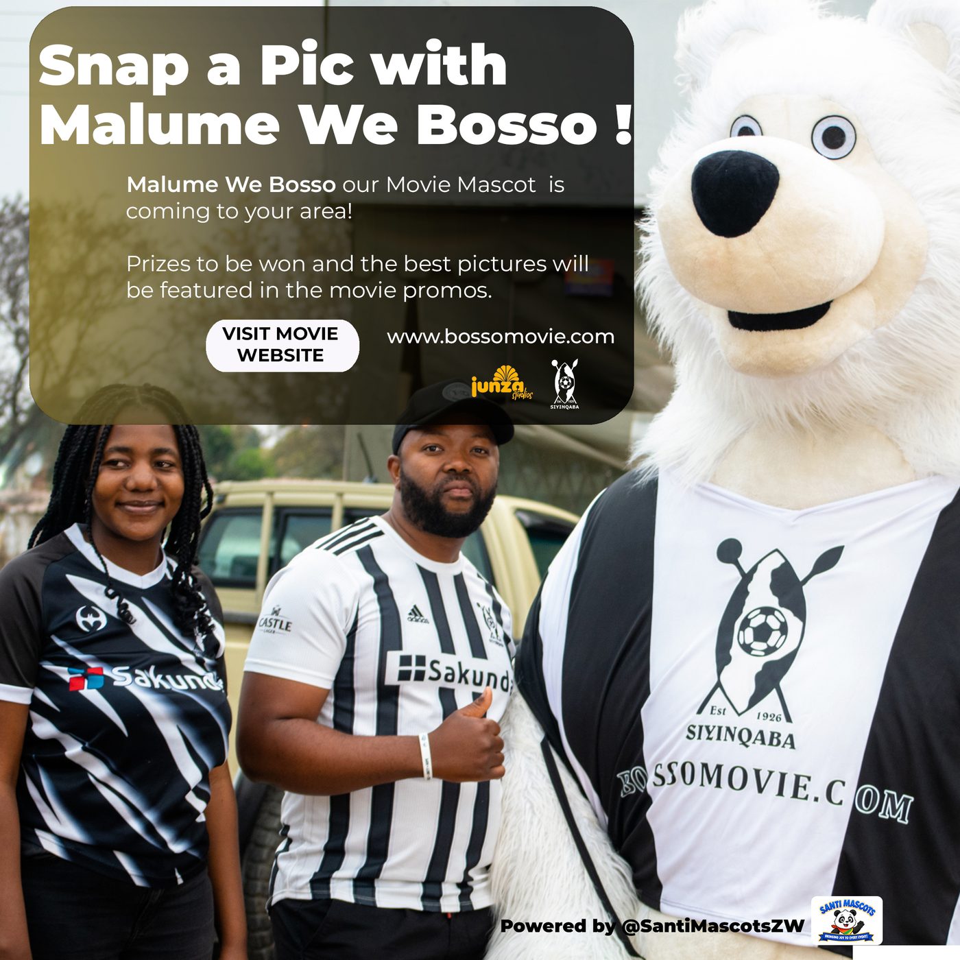 Snap a pic with Malume We Bosso, the Bosso Movie mascot, with fans in Highlanders jerseys